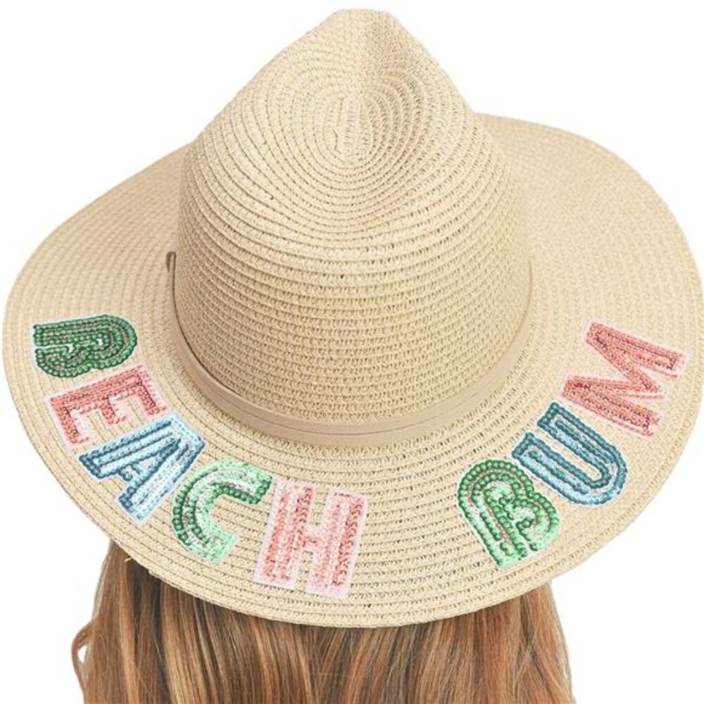 Beach Bum Sequin Message Straw Panama Sun Hat
